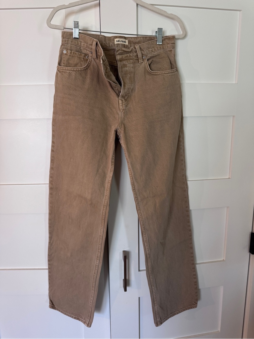 GRLFRND High-Rise Straight Jeans in Khaki/Tan